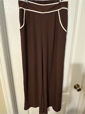 Sienna Sky Brown Wide Leg Pants Cream Contrast Piping L
